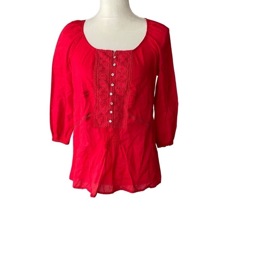 Zara Basic Button Up Blouse With Embroidery Accents 3/4 Blouse Size Small